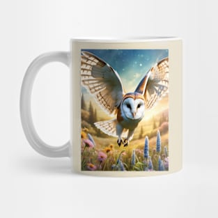 A beautiful Barn Owl flies over a wildflower meadow. Mug